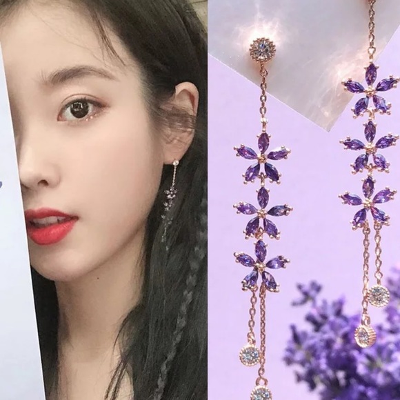 Korean Purple Crystal Flower Drop Earrings - Picture 3 of 6
